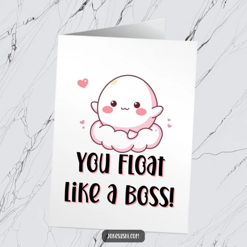 Joyful Free Printable Congrats Card: A cheerful mochi character bounces happily on a fluffy cloud, celebrating success.