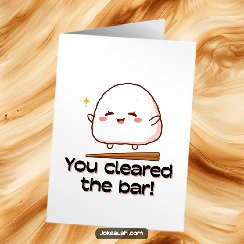 Funny Free Printable Congratulations Card showing a winking onigiri character leaping athletically over a chopstick.