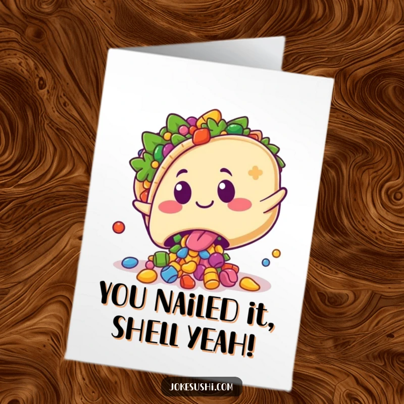 Funny Free Printable Congratulations Card: Kawaii taco character playfully tripping, spilling colorful fillings with a surprised grin, a humorous celebratory downloadable design.