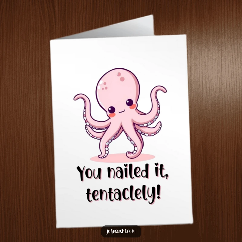 Funny Free Printable Congratulations Card: Kawaii octopus mid-cartwheel, tentacles flying, celebrating success.