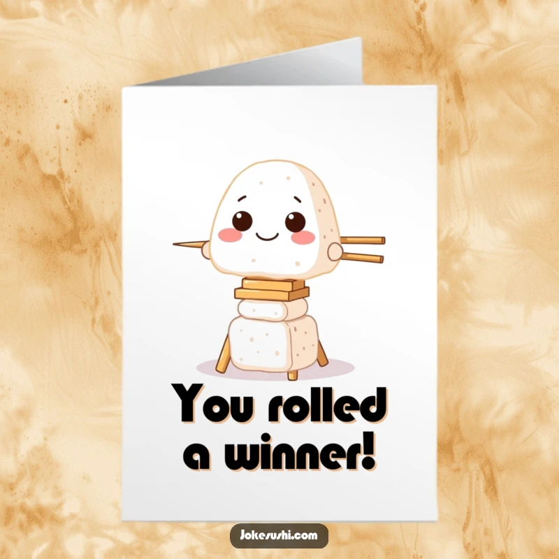 Funny Free Printable Congratulations Card, a grinning onigiri successfully balancing on a tall chopstick tower, celebrating a win.