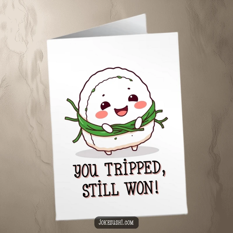 Funny Free Printable congratulations card depicting a smiling onigiri character tripping over its seaweed belt, celebrating achievements humorously.