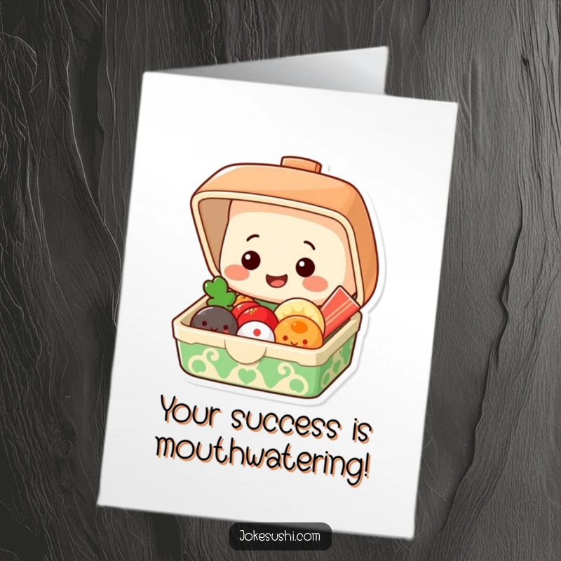 Free Printable Congratulations Card: A cheerful bento box springs open, showcasing a happy family of smiling food characters.