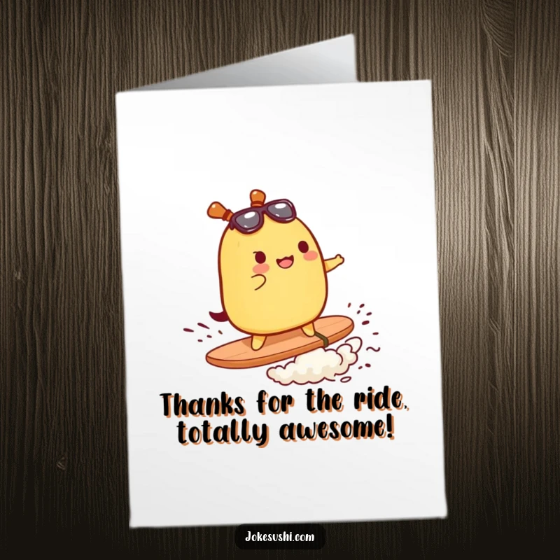 Funny Free Printable Thank You Card: Tamagoyaki character surfing a nori wave, a fun thank you.