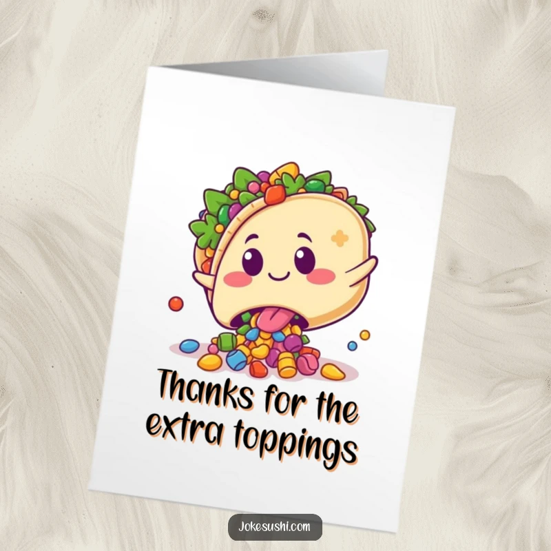 Funny Free Printable Thank You Card: Kawaii taco character tripping playfully, spilling colorful fillings with a surprised grin, a humorous downloadable design.