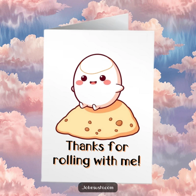 Funny Free Printable Thank You Card: A bouncy mochi character rolling down a hill, showing appreciation with playful energy.