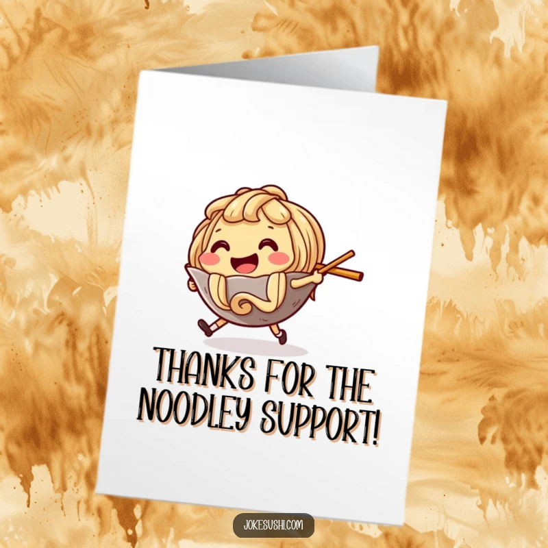 Funny Free Printable Thank You Card: A smiling ramen noodle character playfully chases a runaway chopstick, a unique and humorous thank you.