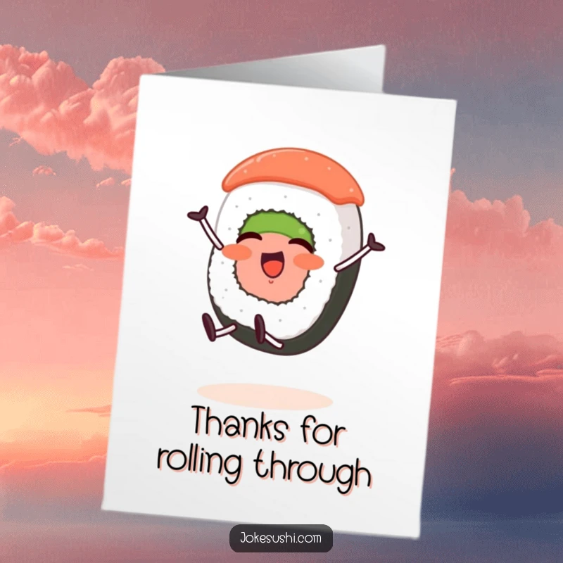 Funny Free Printable Thank You Card with a sushi roll character doing a cartwheel.
