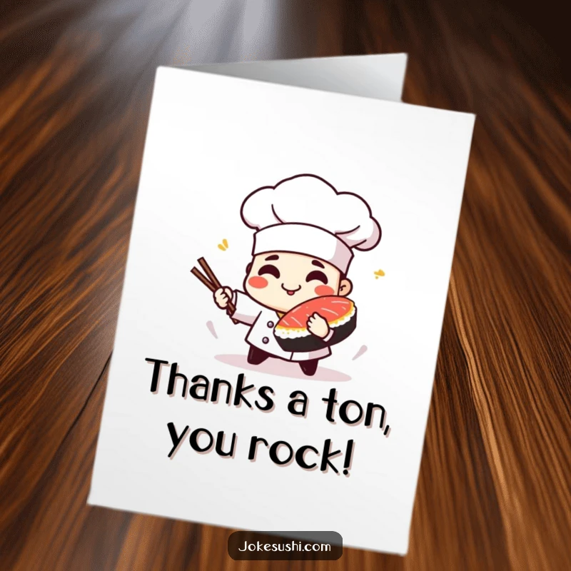 Funny Free Printable Thank You Card: A skilled sushi chef playfully spins a piece of tuna, offering thanks with a flourish.