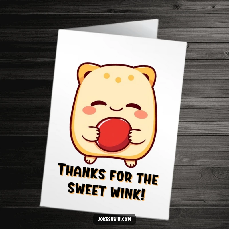 Funny Free Printable Thank You Card: A cheerful taiyaki character winks while presenting a red bean, conveying sweet thanks.