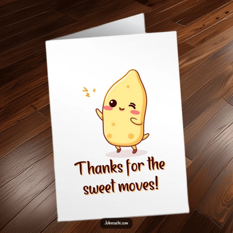 Funny Free Printable Thank You Card: A Tamagoyaki performs a silly dance, a charming downloadable way to say thank you.