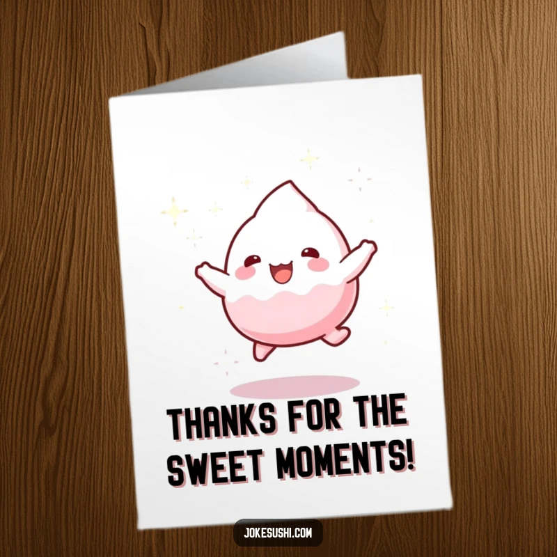 Funny Free Printable Thank You Card of a playful mochi character bouncing happily, scattering sparkling dust like confetti.