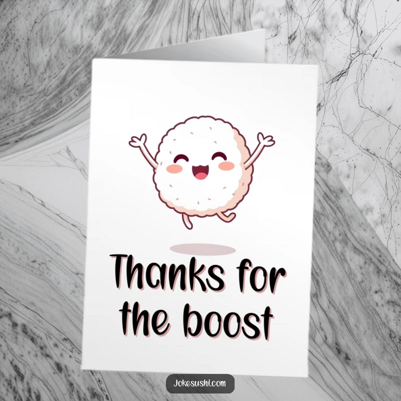 Free Printable Thank You Card: A happy rice ball with short arms enthusiastically jumps, a fun expression of thanks.
