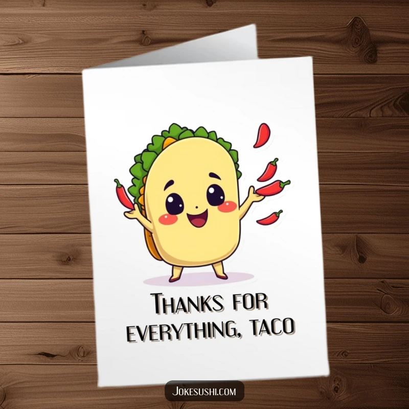 Funny Free Printable Thank You Card: A smiling taco character juggling chili peppers, expressing thanks with zest.