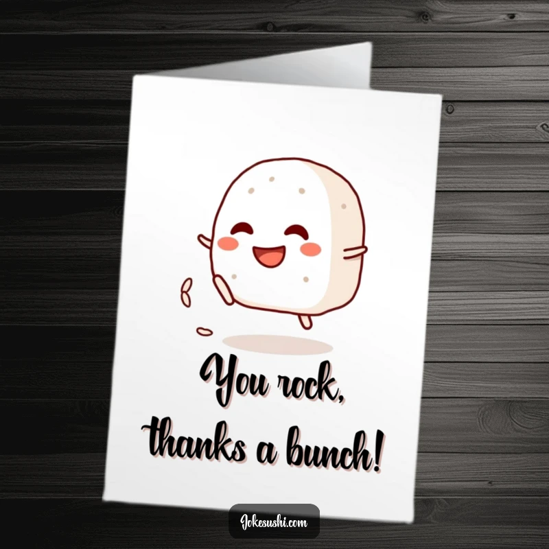 Funny Free Printable Thank You Card: A grinning onigiri character playfully kicks a rice grain, sending thanks.