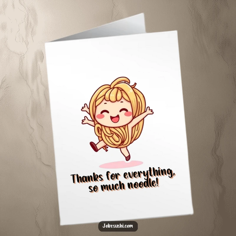 Funny Free Printable Thank You Card: A smiling udon noodle character doing a cartwheel, sending thanks.