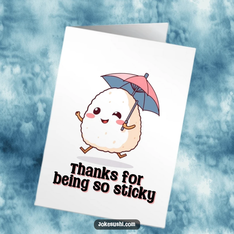 Funny Free Printable Thank You Card: Smiling onigiri rice ball with legs hopping happily, holding a tiny umbrella, conveying thanks humorously.