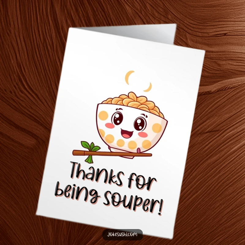Funny Free Printable Thank You Card: A ramen bowl with googly eyes playfully leaps over a chopstick, expressing thanks.