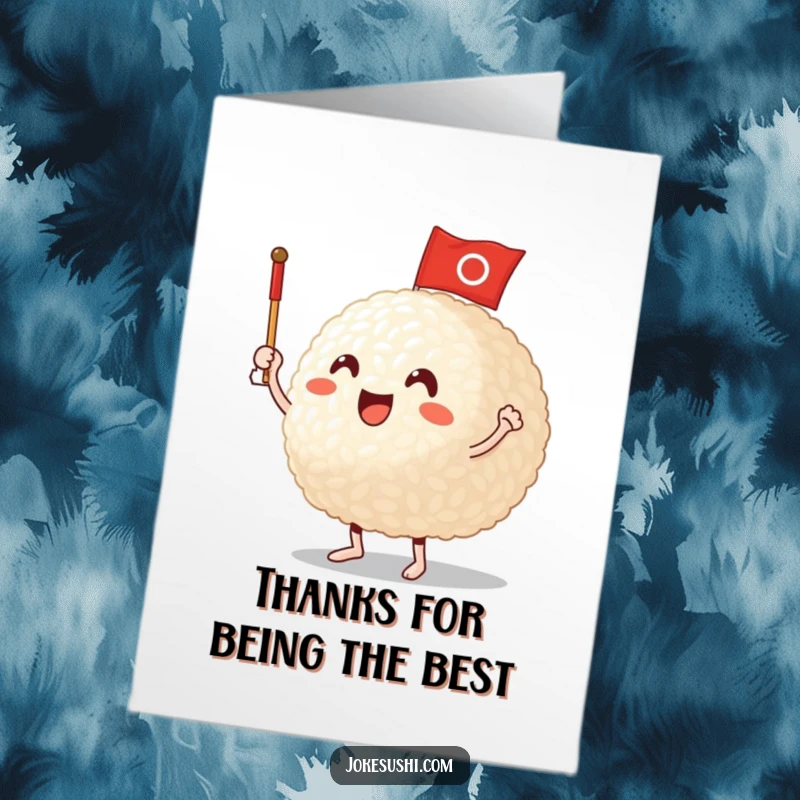 Funny Free Printable Thank You Card: A happy rice ball character enthusiastically waving a miniature flag, showing thanks.