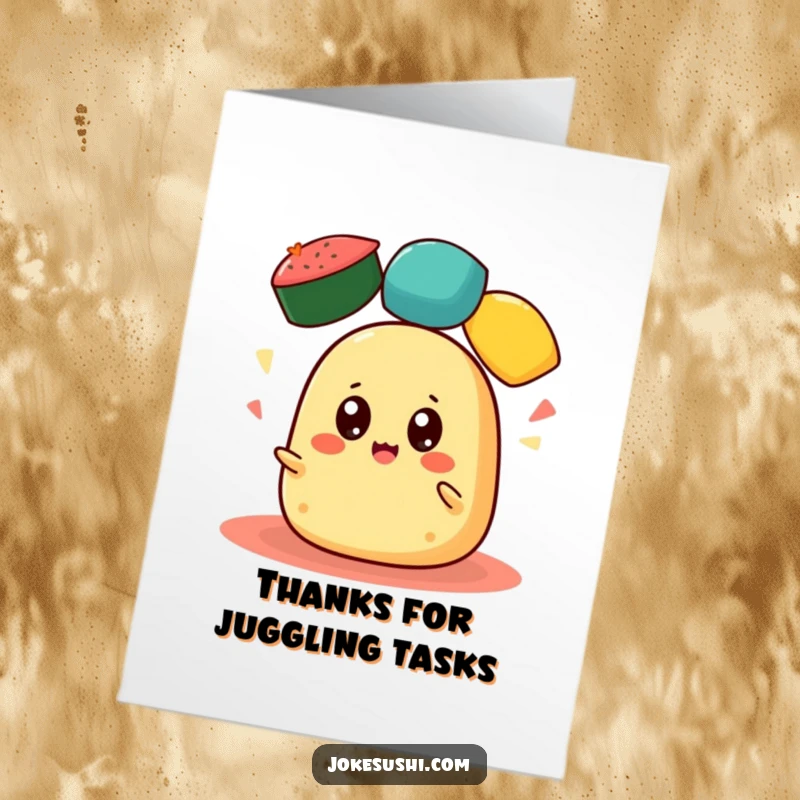 Free Printable Thank You Card: A cheerful tamagoyaki with wide eyes juggles colorful roe, a fun way to express thanks.