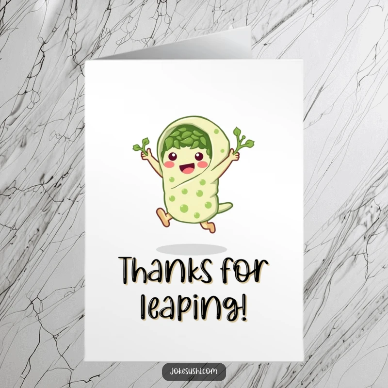 Funny Free Printable Thank You Card: A peppy seaweed wrap character striking a dynamic leaping pose, expressing thanks.