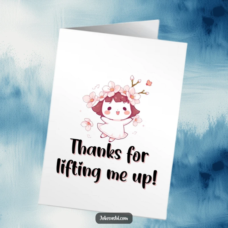 Funny Free Printable Thank You Card depicting a cheerful cherry blossom character happily floating on a gentle breeze, signifying a positive connection.