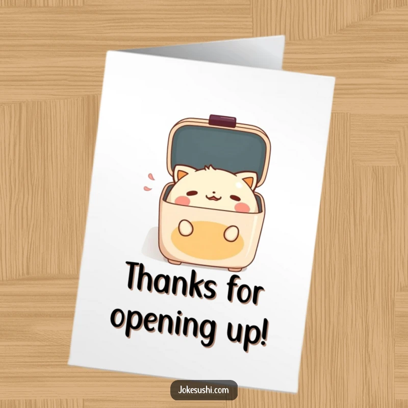 Funny Free Printable Thank You Card: A delighted bento box character expresses gratitude with its lid flung open wide, a unique food lover gift.