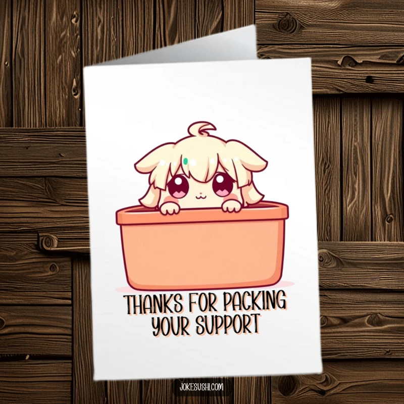 Funny Free Printable Thank You Card: A bento box character peeks out with wide eyes, expressing surprised gratitude.