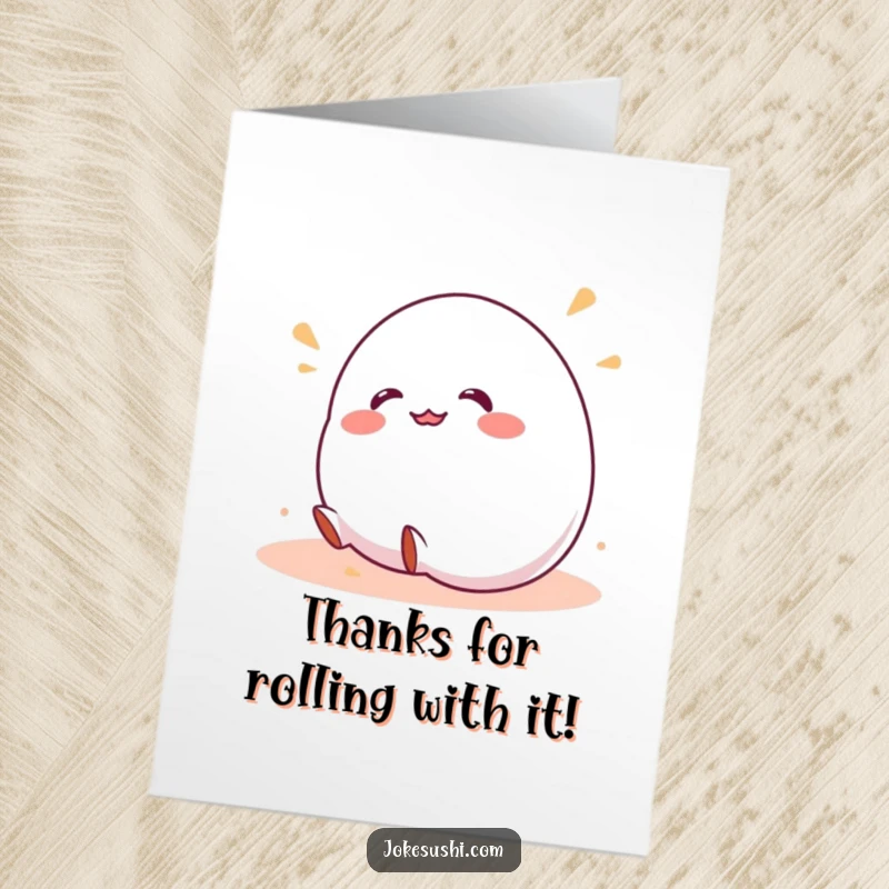 Funny Free Printable Thank You Card of a wobbly mochi character giggling and rolling downhill, expressing joyful thanks.