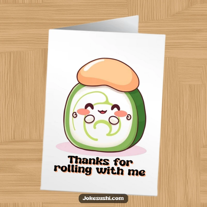Funny Free Printable thank you card: a demure cucumber roll with small hands peeking shyly from behind a large portion of wasabi.