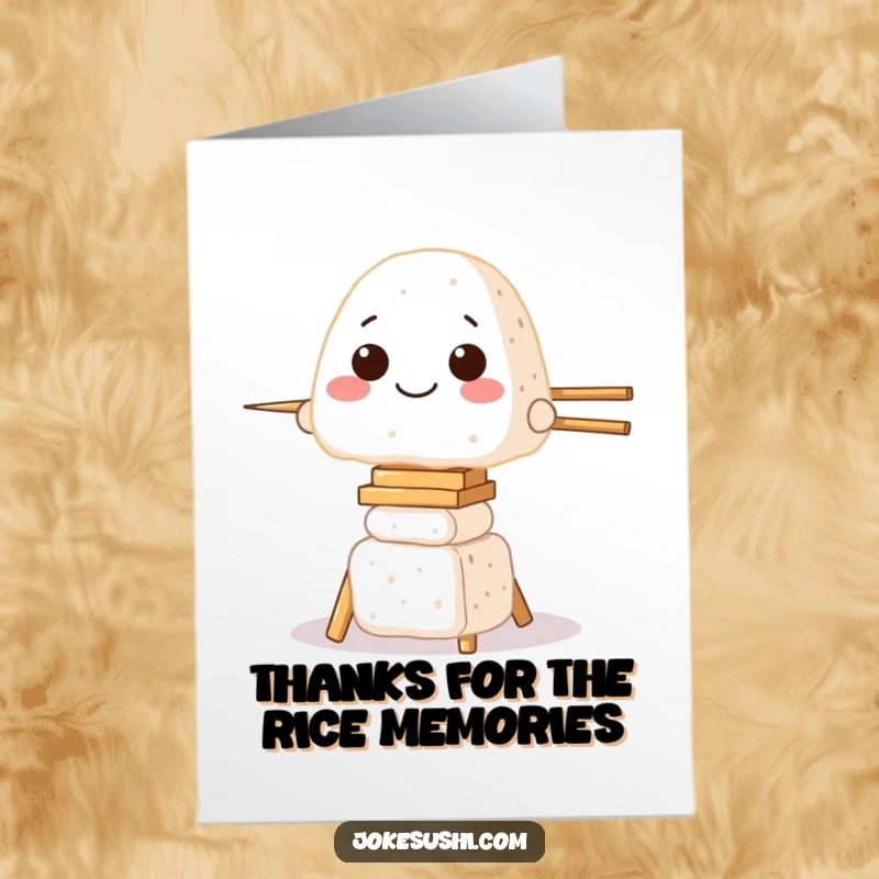 Funny Free Printable Thank You Card, a grinning onigiri attempting to balance on a teetering tower of chopsticks, expressing thanks.