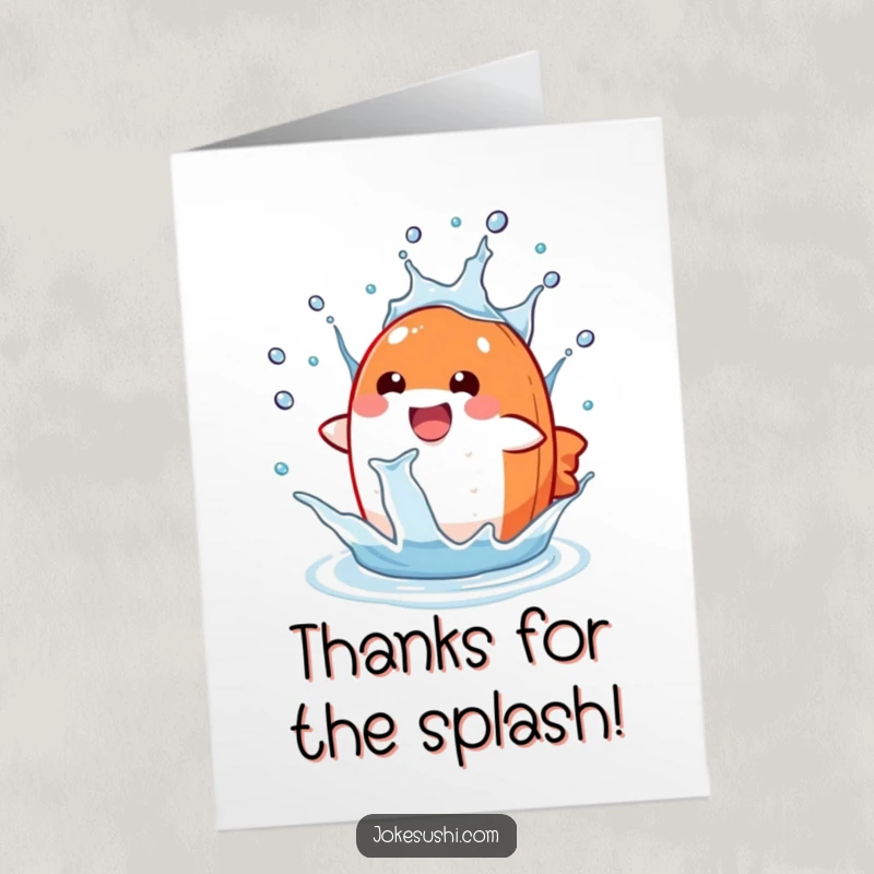 Funny Free Printable Thank You Card: A delighted salmon nigiri character splashing in a water drop, expressing thanks playfully.