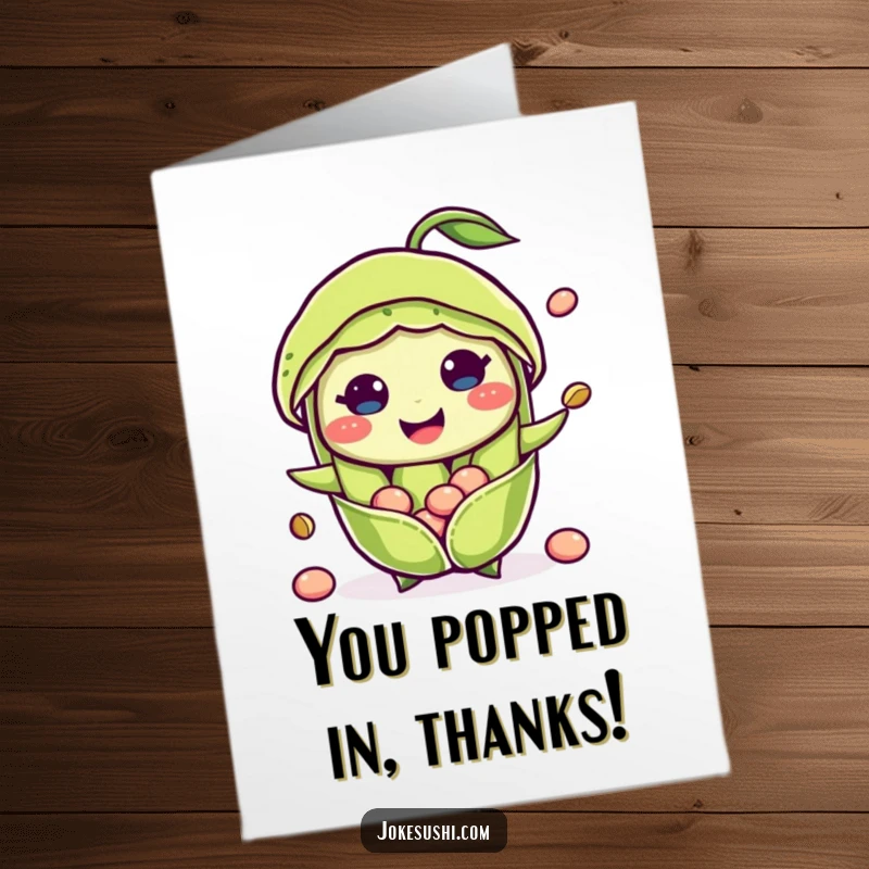 Funny Free Printable Thank You Card featuring a happy edamame pod character with beans popping out, expressing cheerful thanks.
