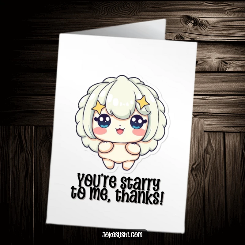 Funny Free Printable Thank You Card with a tempura character boasting starry eyes, conveying immense gratitude.