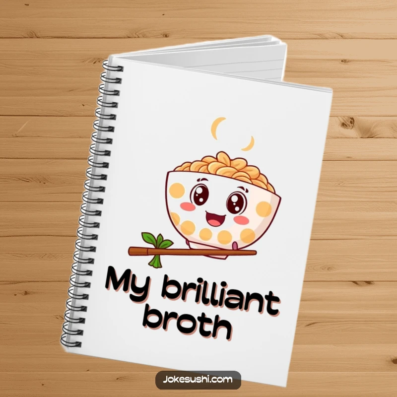 Funny notebook with a ramen bowl with googly eyes bouncing and leaping over a chopstick, great for writing.