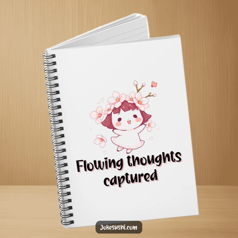 Funny cherry blossom notebook with a character happily floating on a gentle breeze, ideal for jotting down ideas with serene, humorous flair.