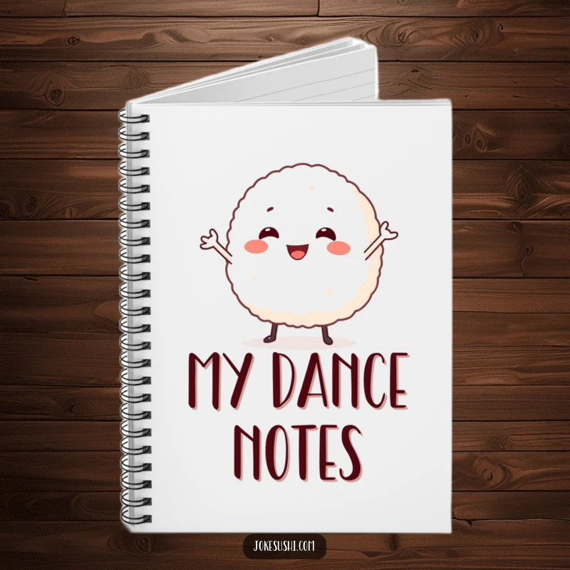 Funny notebook cover with a smiling rice ball character doing a silly dance, inspiring creative thoughts and joyful entries.