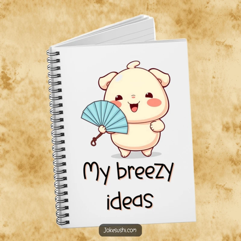Funny notebook featuring a wiggling dumpling character cheerfully offering a tiny fan, ideal for jotting down sweet ideas.