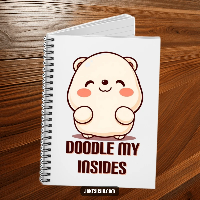 Funny notebook with a cute dumpling peeking shyly from behind its hands, ideal for jotting notes with kawaii flair and humor.