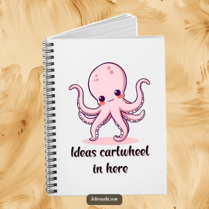 Funny kawaii octopus character doing a cartwheel with bouncy tentacles, a cute and humorous notebook for writing and drawing.