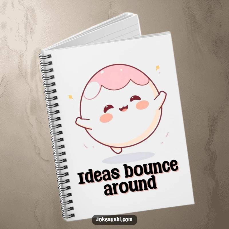 Funny mochi notebook with a happy character bouncing enthusiastically like a ball, ideal for writing, journaling, and creative notes.