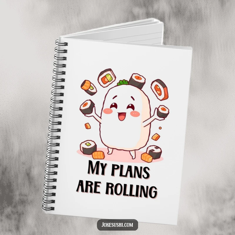 Funny notebook cover featuring a cheerful onigiri character juggling sushi pieces, perfect for journaling, recipe writing, or sketching Japanese themes.