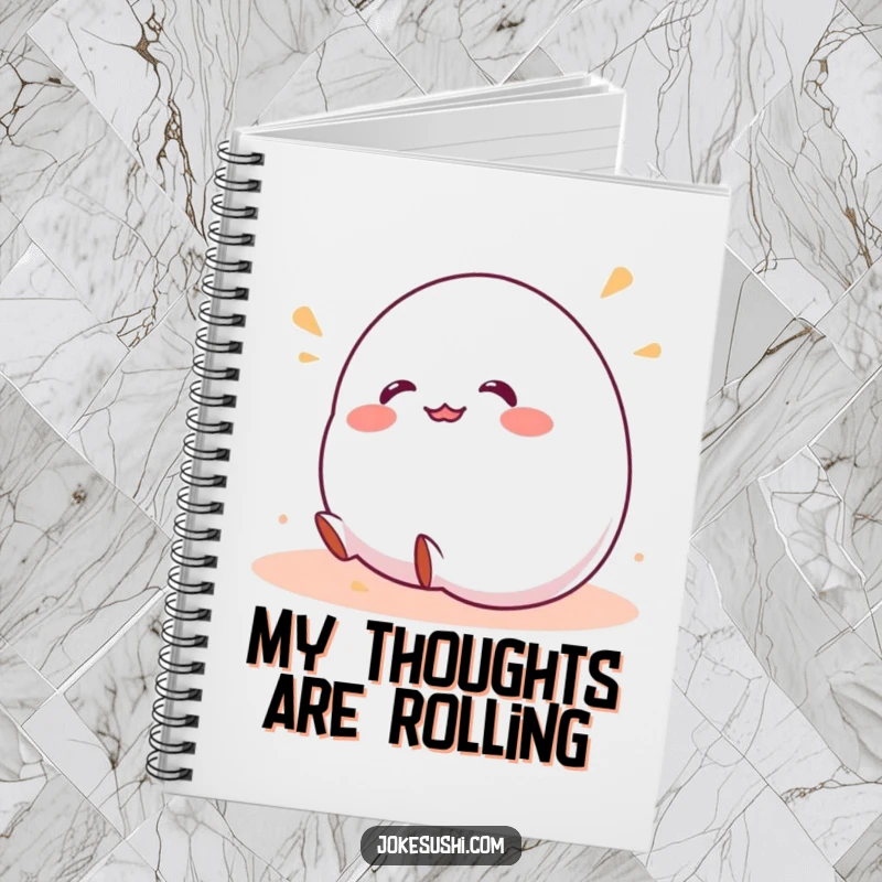 Funny notebook cover featuring a wobbly mochi character giggling and rolling downhill, perfect for journaling, sketching, and note-taking.