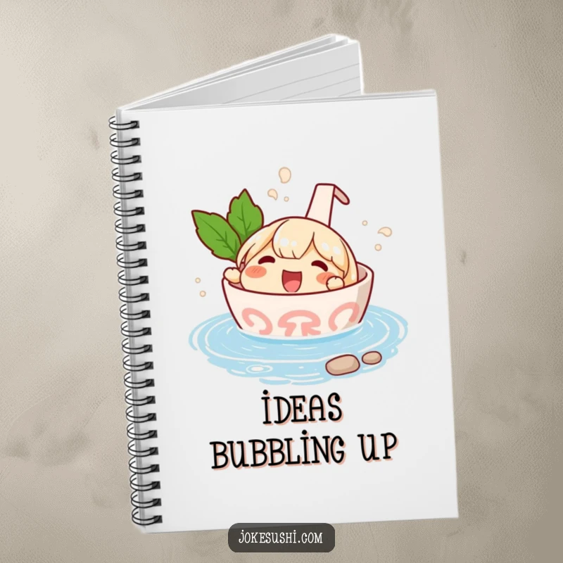 Funny notebook with a happy ramen bowl character splashing in a tiny hot spring, ideal for journaling calm thoughts and relaxing ideas.