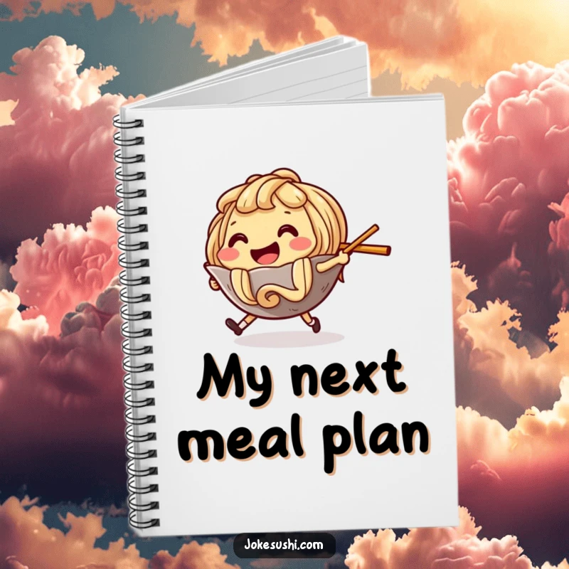 Funny Notebook with a ramen noodle character playfully chasing a chopstick, ideal for jotting down delicious ideas.