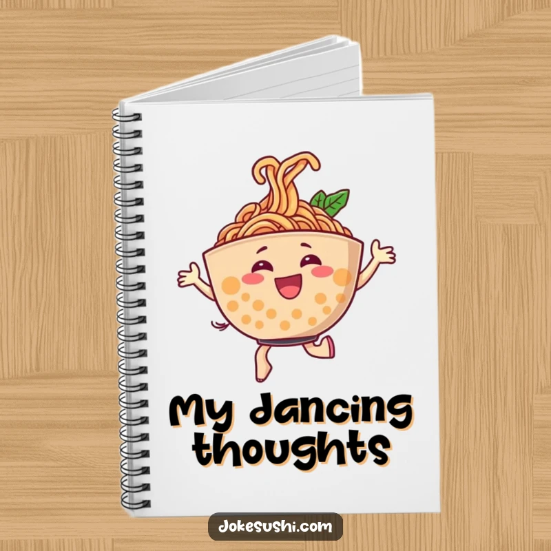 Funny notebook featuring a cheerful ramen bowl character dancing energetically, noodles swirling in a joyful pattern, perfect for journaling.