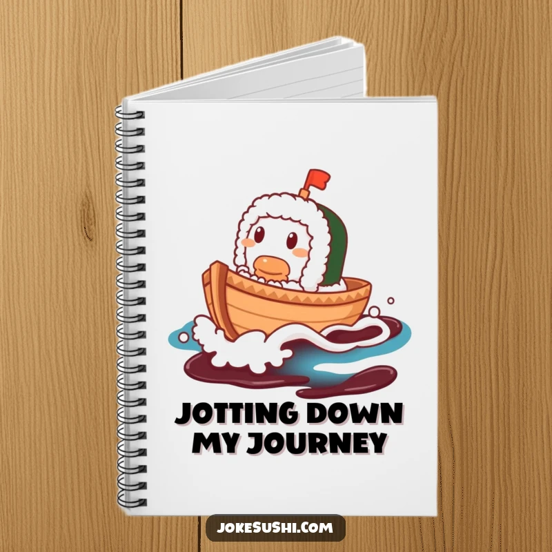 Funny Sushi Boat Notebook: A contented sushi boat character sailing on a soy sauce wave, ideal for note-taking.