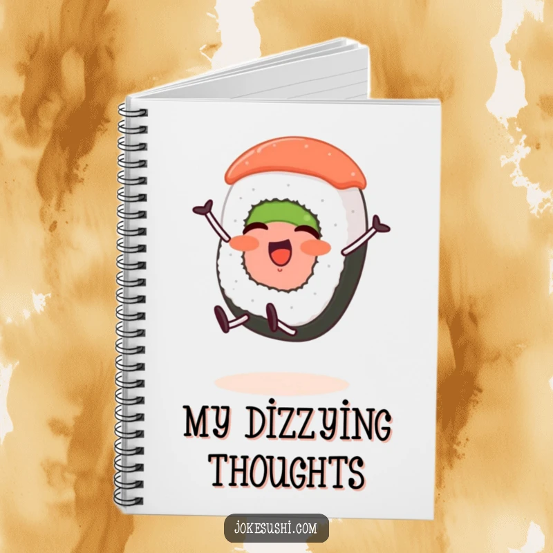 Funny notebook with a sushi roll character with short legs joyfully doing a cartwheel, ready for your notes.