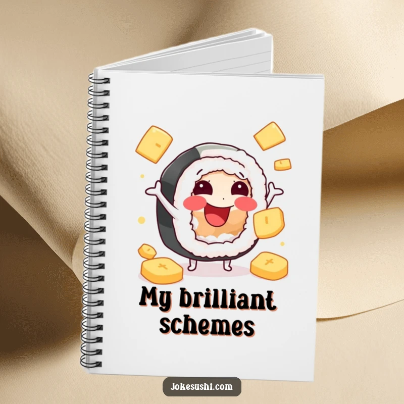 Funny notebook with a cheerful sushi roll character juggling ginger slices, ideal for journaling creative and humorous culinary thoughts.