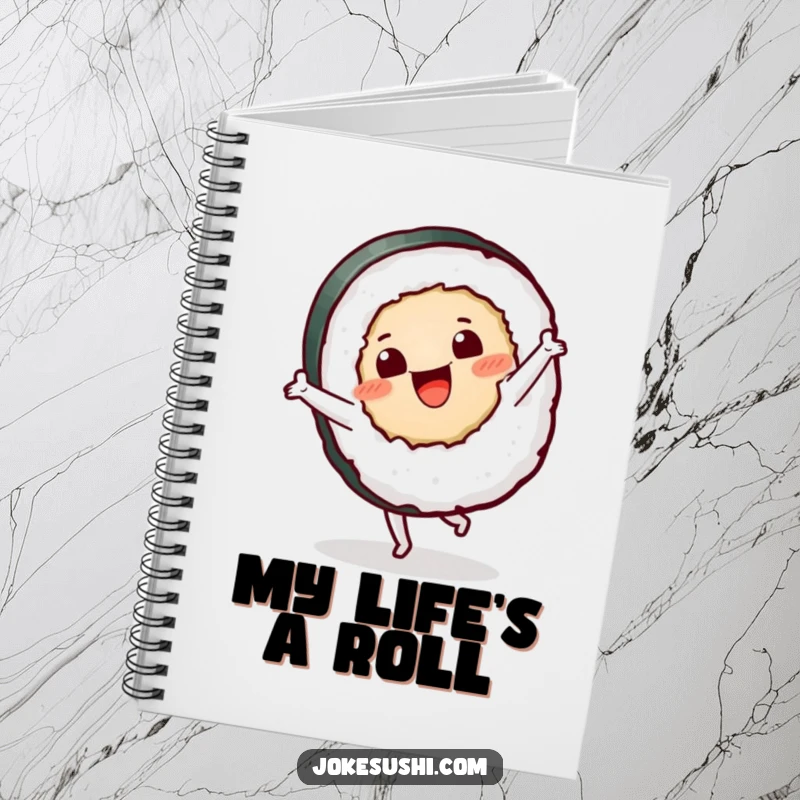 Funny sushi roll notebook featuring a happy character doing a cartwheel, perfect for jotting down humorous ideas.